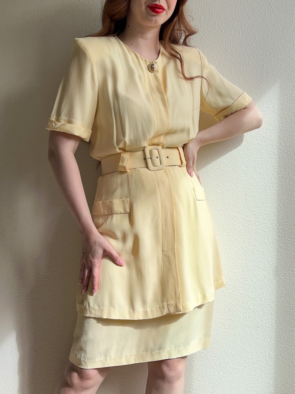 Vintage 1980s Butter Yellow Rayon Belted Dress (S)
